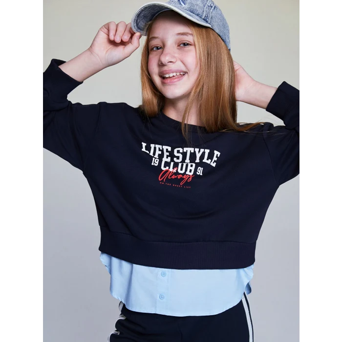 LCW Kids Lacivert Bisiklet Yaka Baskılı Kız Çocuk Sweatshirt