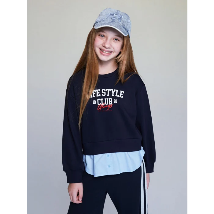 LCW Kids Lacivert Bisiklet Yaka Baskılı Kız Çocuk Sweatshirt