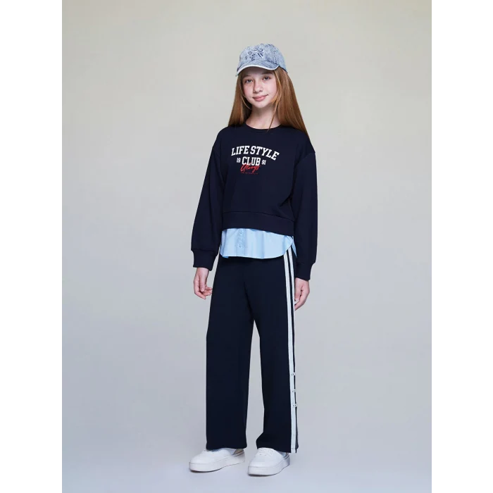 LCW Kids Lacivert Bisiklet Yaka Baskılı Kız Çocuk Sweatshirt