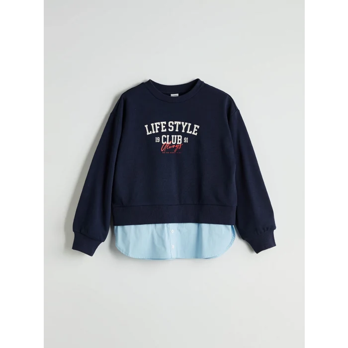 LCW Kids Lacivert Bisiklet Yaka Baskılı Kız Çocuk Sweatshirt