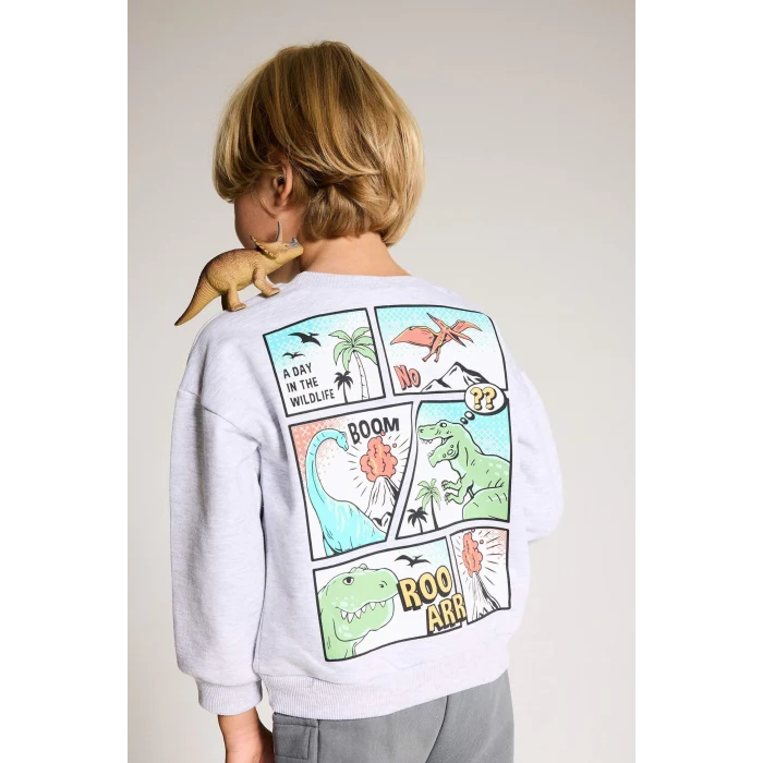 Defacto F5020A5GR396 Gri Erkek Bebek Bisiklet Yaka Dinozor Baskılı İçi Yumuşak Tüylü Sweatshirt