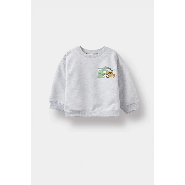 Defacto F5020A5GR396 Gri Erkek Bebek Bisiklet Yaka Dinozor Baskılı İçi Yumuşak Tüylü Sweatshirt