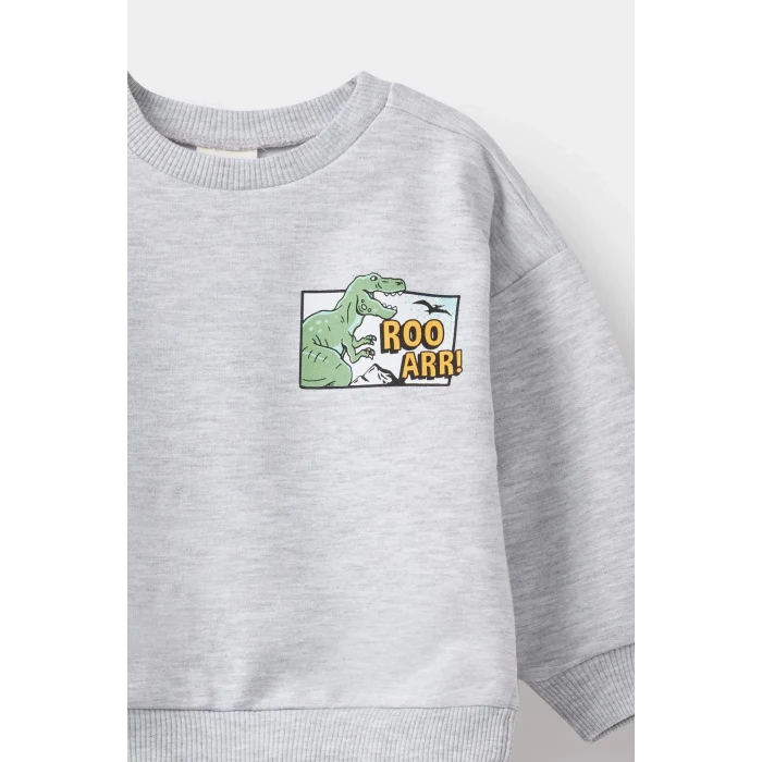 Defacto F5020A5GR396 Gri Erkek Bebek Bisiklet Yaka Dinozor Baskılı İçi Yumuşak Tüylü Sweatshirt