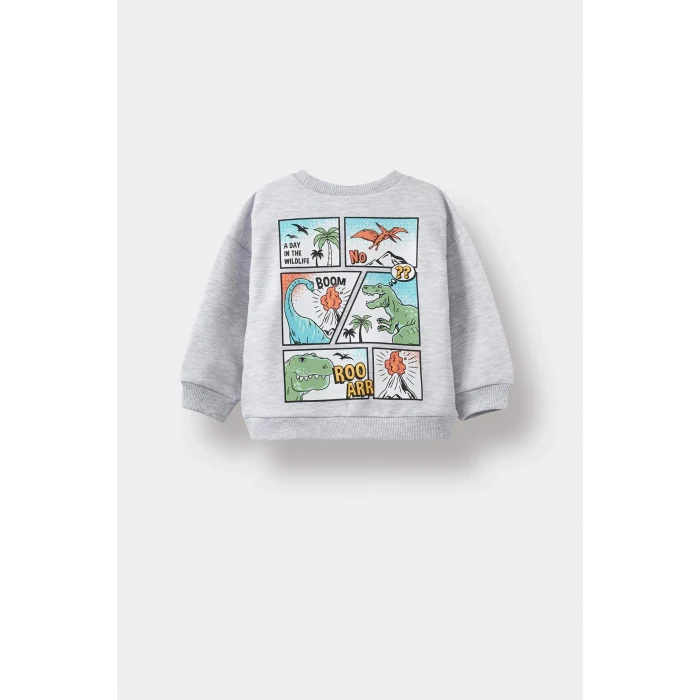 Defacto F5020A5GR396 Gri Erkek Bebek Bisiklet Yaka Dinozor Baskılı İçi Yumuşak Tüylü Sweatshirt