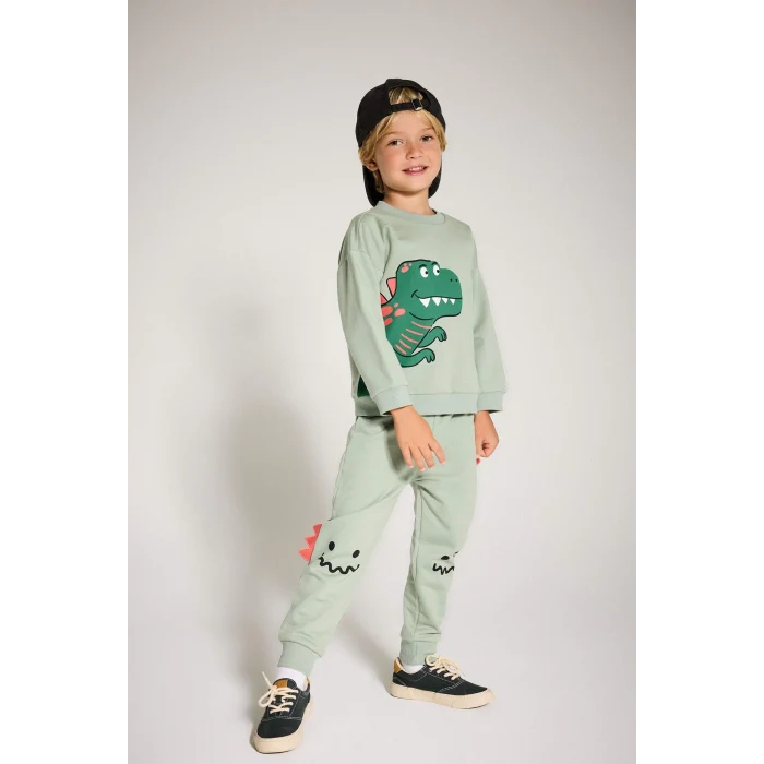 Defacto F5070A5KH434 Haki Erkek Bebek 2li Takım 3D Dinozor Baskılı Sweatshirt Eşofman Altı