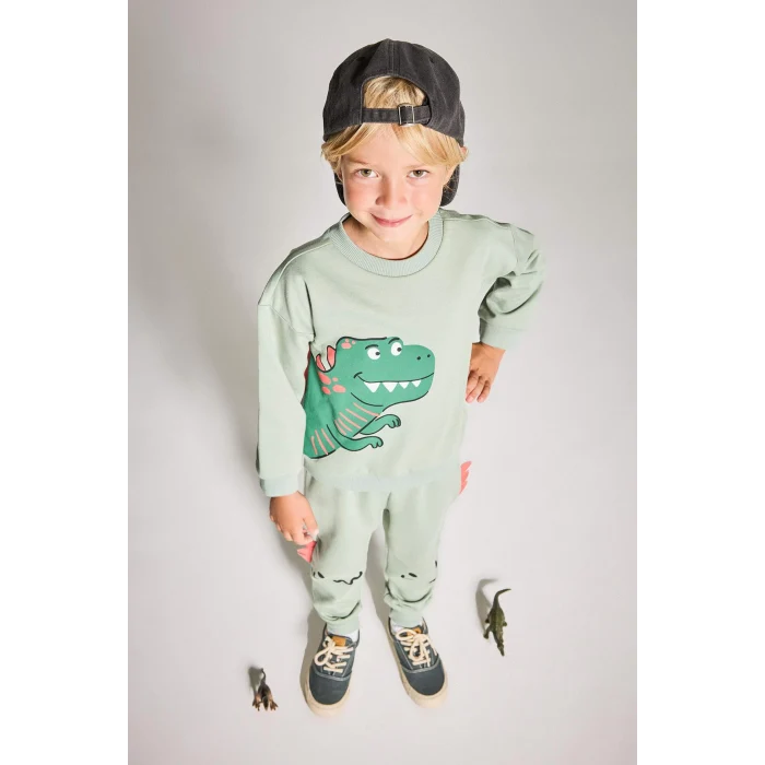 Defacto F5070A5KH434 Haki Erkek Bebek 2li Takım 3D Dinozor Baskılı Sweatshirt Eşofman Altı