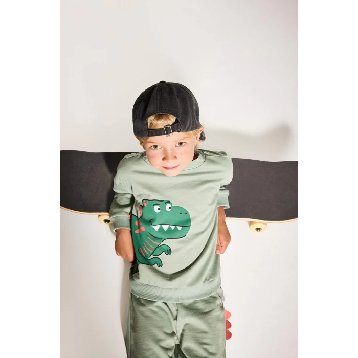 Defacto F5070A5KH434 Haki Erkek Bebek 2li Takım 3D Dinozor Baskılı Sweatshirt Eşofman Altı