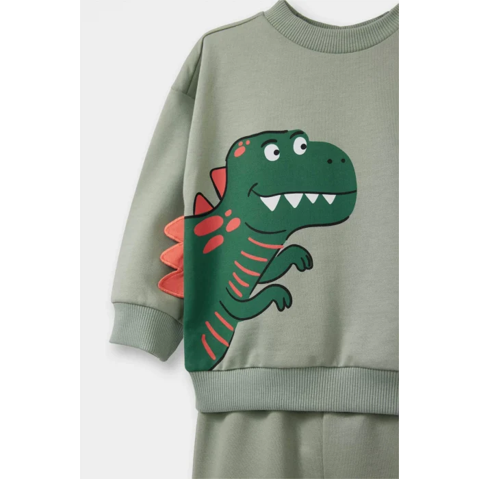 Defacto F5070A5KH434 Haki Erkek Bebek 2li Takım 3D Dinozor Baskılı Sweatshirt Eşofman Altı
