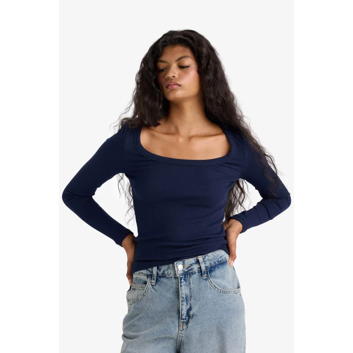 Defacto E5768AXNV251 Lacivert Slim Fit Dar Kesim Yuvarlak Yaka Basic Düz Fitilli Kaşkorse Uzun Kollu Tişört