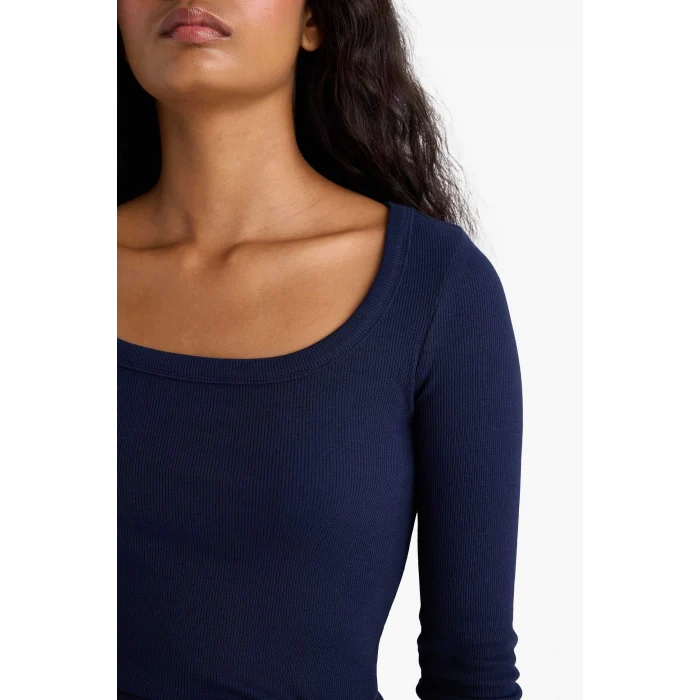 Defacto E5768AXNV251 Lacivert Slim Fit Dar Kesim Yuvarlak Yaka Basic Düz Fitilli Kaşkorse Uzun Kollu Tişört