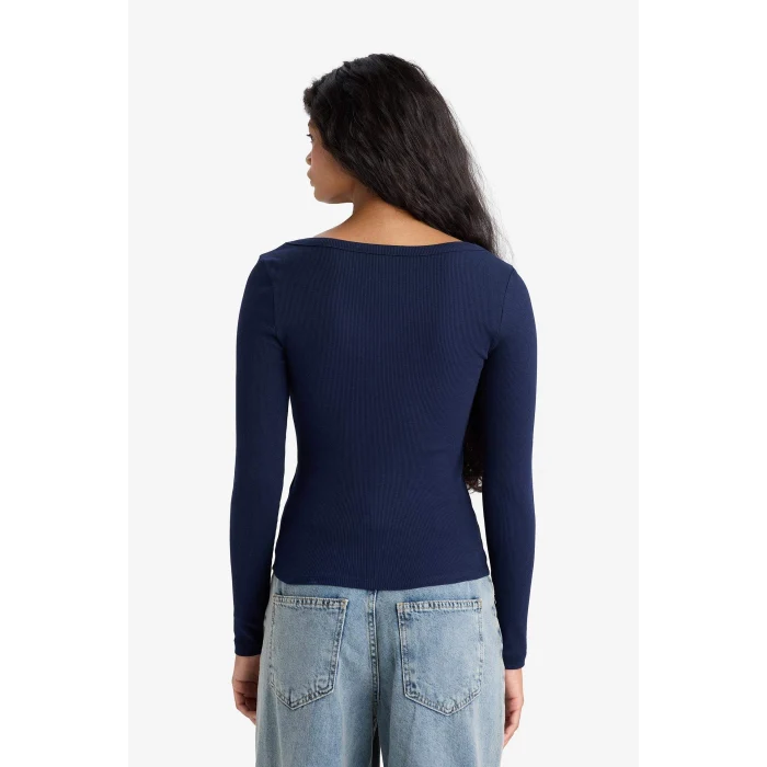 Defacto E5768AXNV251 Lacivert Slim Fit Dar Kesim Yuvarlak Yaka Basic Düz Fitilli Kaşkorse Uzun Kollu Tişört