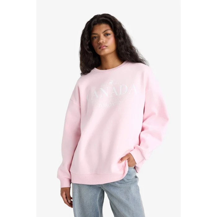 Defacto F7877AXPN648 Pembe Oversize Geniş Kalıp Bisiklet Yaka Baskılı Kalın Sweatshirt