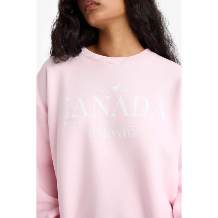 Defacto F7877AXPN648 Pembe Oversize Geniş Kalıp Bisiklet Yaka Baskılı Kalın Sweatshirt