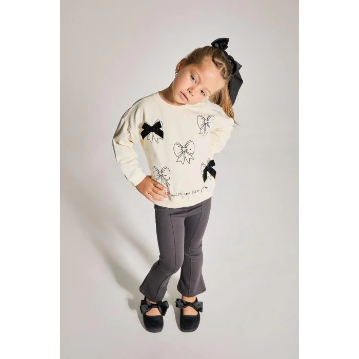 Defacto F4857A5ER134 Ekru Kız Bebek 2li Takım Baskılı Sweatshirt İspanyol Paça Tayt