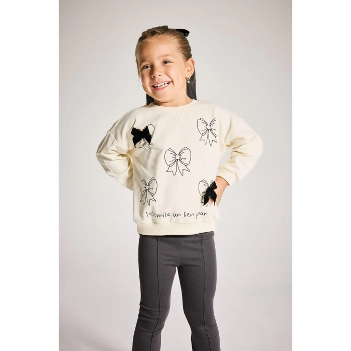 Defacto F4857A5ER134 Ekru Kız Bebek 2li Takım Baskılı Sweatshirt İspanyol Paça Tayt