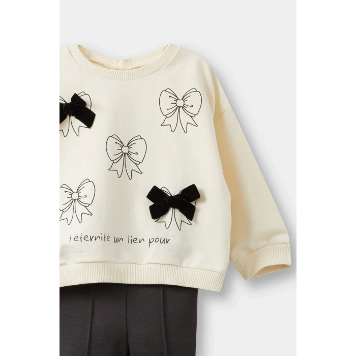 Defacto F4857A5ER134 Ekru Kız Bebek 2li Takım Baskılı Sweatshirt İspanyol Paça Tayt