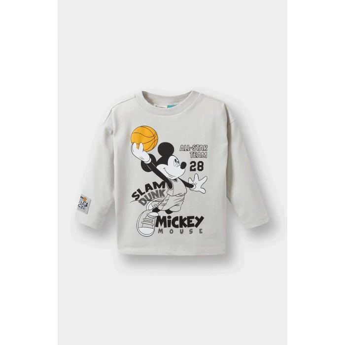 Defacto F5007A5GR503 Gri Erkek Bebek Disney Mickey & Minnie Bisiklet Yaka Uzun Kollu Tişört