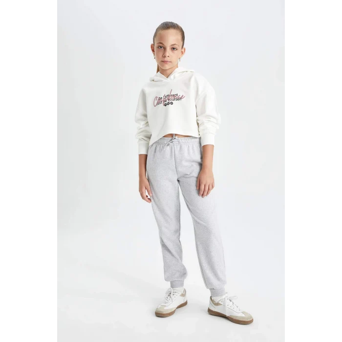 Defacto Y1226 Gri Kız Çocuk Gri Standart Fit Beli Paçası Lastikli Okul Jogger Eşofman Altı