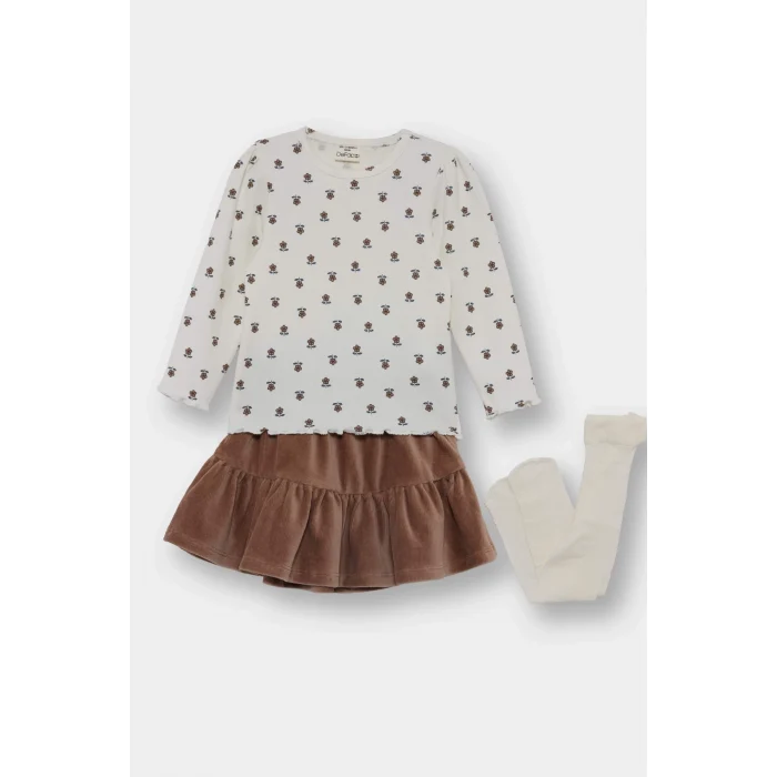 Defacto G0086A5BG271 Bej Kız Bebek 3lü Takım Çiçek Desenli Fitilli Kaşkorse Uzun Kollu Tişört Kadife Etek Külotlu Çorap