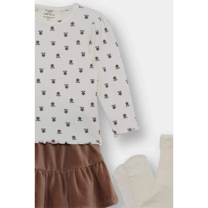 Defacto G0086A5BG271 Bej Kız Bebek 3lü Takım Çiçek Desenli Fitilli Kaşkorse Uzun Kollu Tişört Kadife Etek Külotlu Çorap