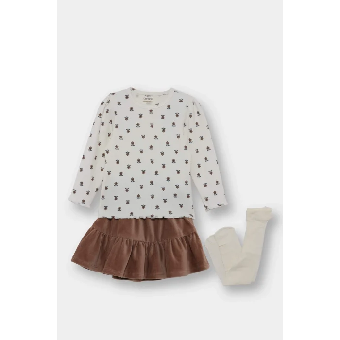Defacto G0086A5BG271 Bej Kız Bebek 3lü Takım Çiçek Desenli Fitilli Kaşkorse Uzun Kollu Tişört Kadife Etek Külotlu Çorap