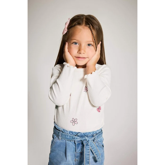 Defacto F4861A5ER105 Ekru Kız Bebek Bisiklet Yaka Desenli Uzun Kollu Tişört