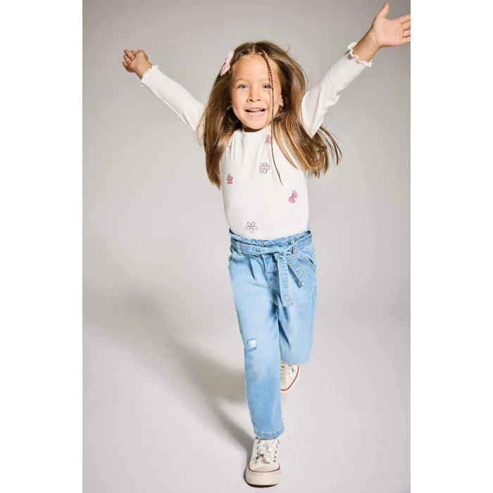 Defacto F4861A5ER105 Ekru Kız Bebek Bisiklet Yaka Desenli Uzun Kollu Tişört