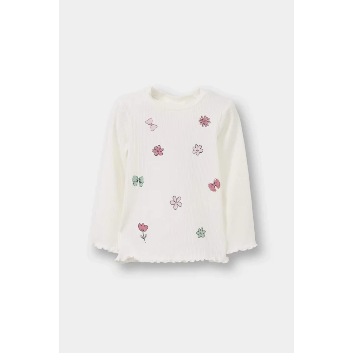 Defacto F4861A5ER105 Ekru Kız Bebek Bisiklet Yaka Desenli Uzun Kollu Tişört