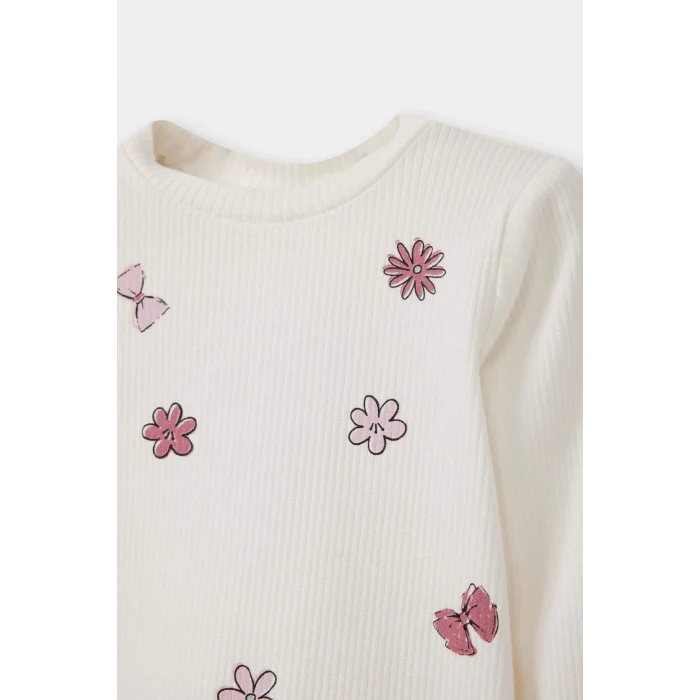 Defacto F4861A5ER105 Ekru Kız Bebek Bisiklet Yaka Desenli Uzun Kollu Tişört