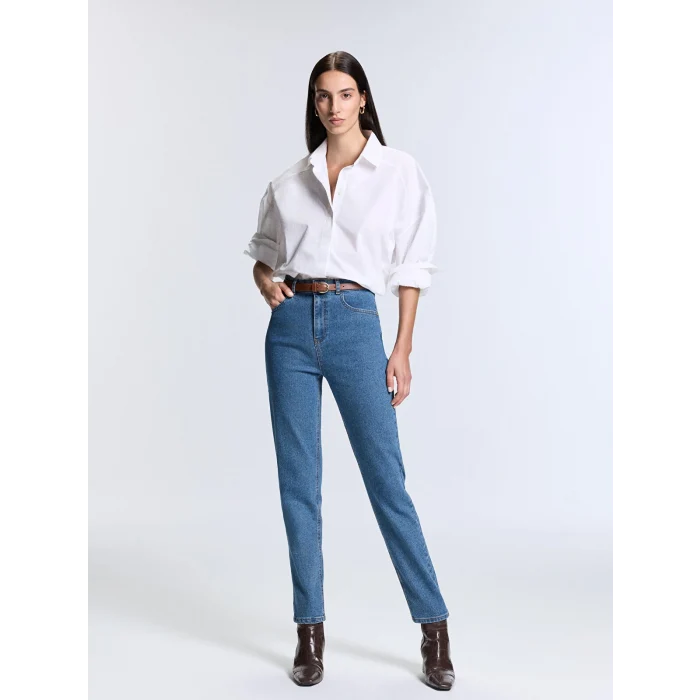 LCW Jeans Indigo Beli Kemerli Mom Fit Kadın Jean Pantolon