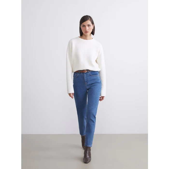 LCW Jeans Indigo Beli Kemerli Mom Fit Kadın Jean Pantolon