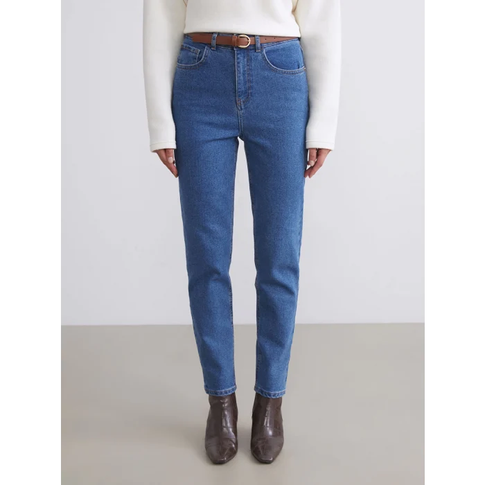 LCW Jeans Indigo Beli Kemerli Mom Fit Kadın Jean Pantolon