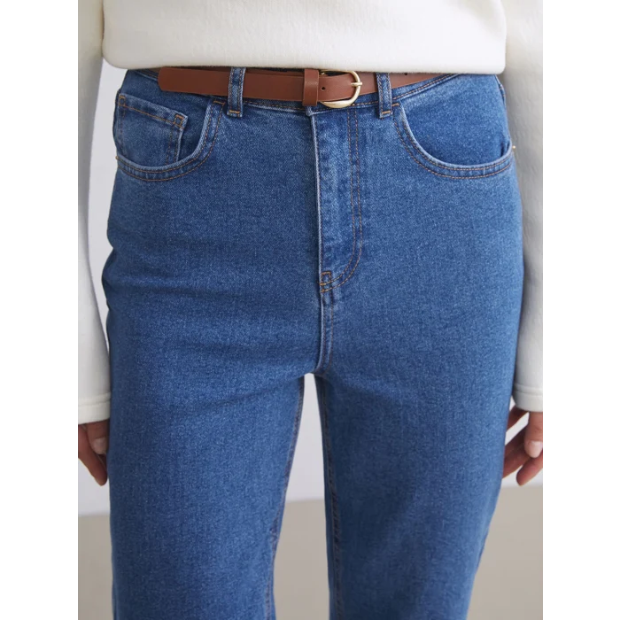 LCW Jeans Indigo Beli Kemerli Mom Fit Kadın Jean Pantolon