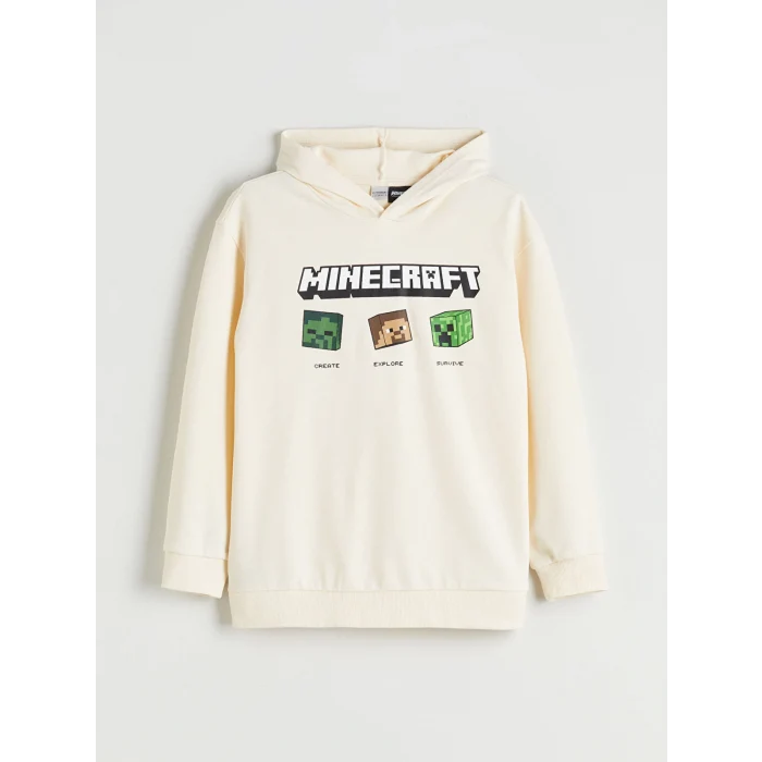 LCW Kids Bej Kapüşonlu Minecraft Baskılı Erkek Çocuk Sweatshirt