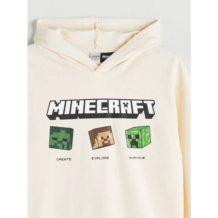 LCW Kids Bej Kapüşonlu Minecraft Baskılı Erkek Çocuk Sweatshirt