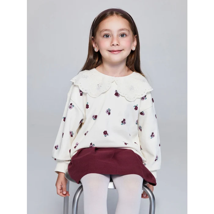 LCW Kids Ekru Bebe Yaka Çiçek Baskılı Kız Çocuk Sweatshirt