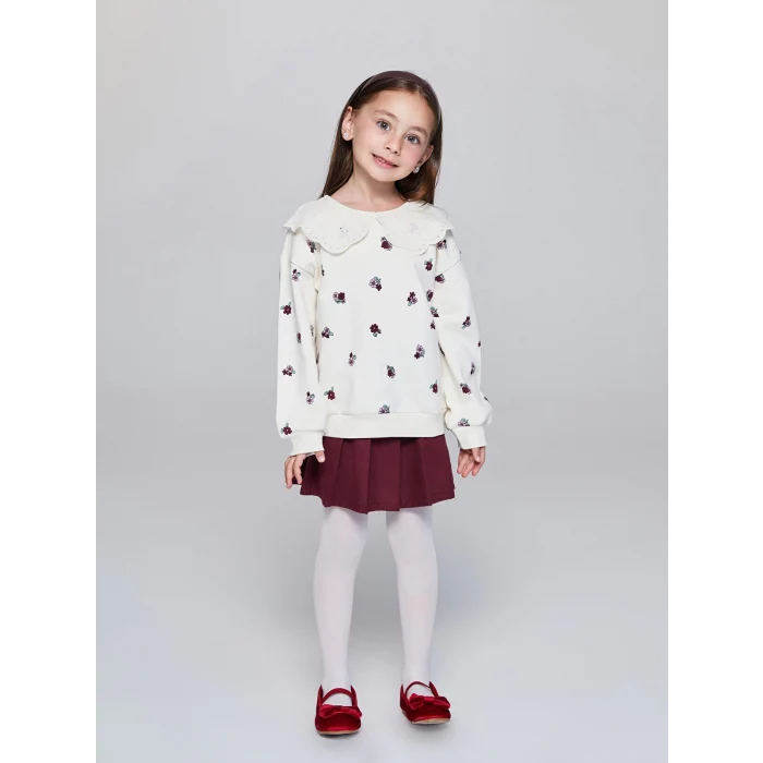 LCW Kids Ekru Bebe Yaka Çiçek Baskılı Kız Çocuk Sweatshirt