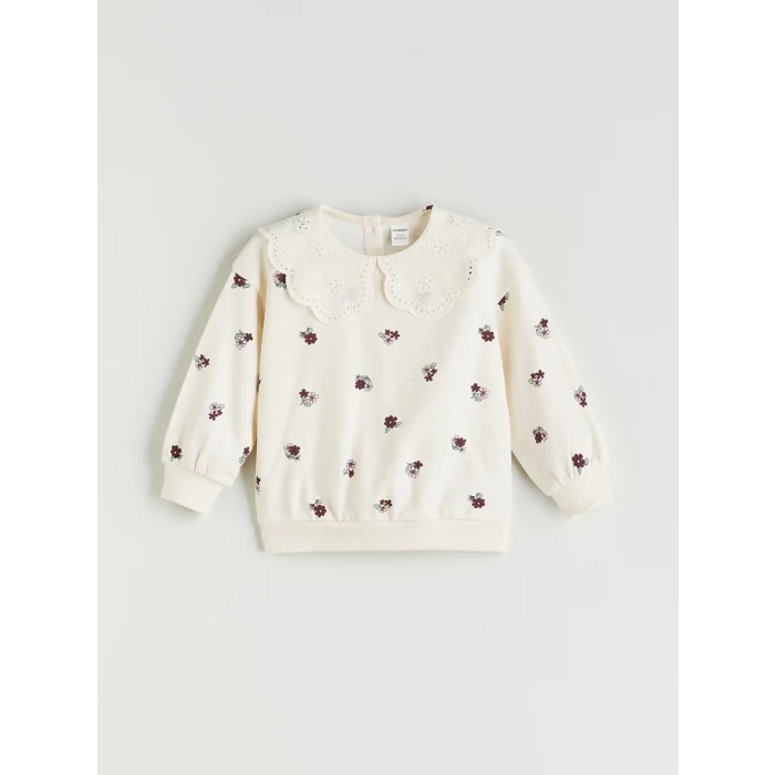 LCW Kids Ekru Bebe Yaka Çiçek Baskılı Kız Çocuk Sweatshirt