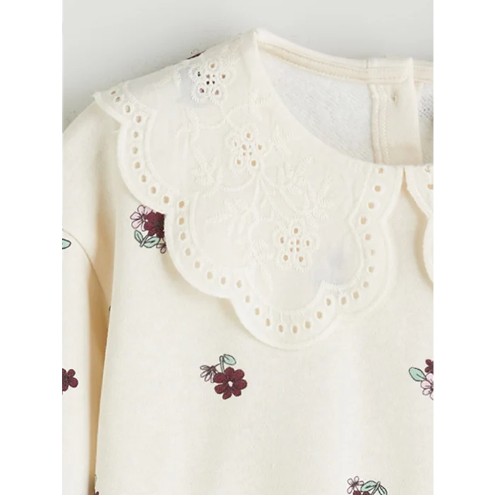 LCW Kids Ekru Bebe Yaka Çiçek Baskılı Kız Çocuk Sweatshirt