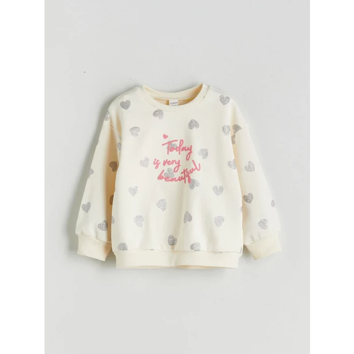 LCW Kids Ekru Bisiklet Yaka Kalp Baskılı Kız Çocuk Sweatshirt