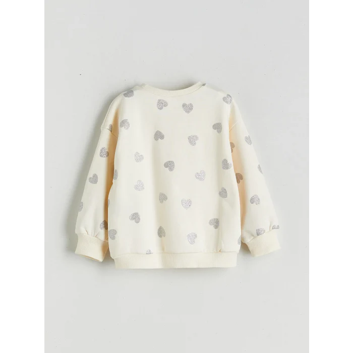 LCW Kids Ekru Bisiklet Yaka Kalp Baskılı Kız Çocuk Sweatshirt