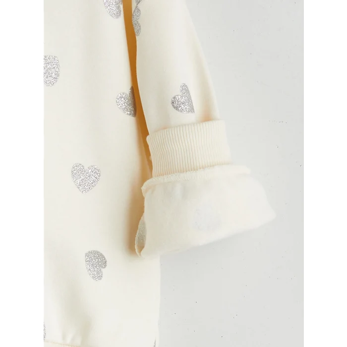 LCW Kids Ekru Bisiklet Yaka Kalp Baskılı Kız Çocuk Sweatshirt