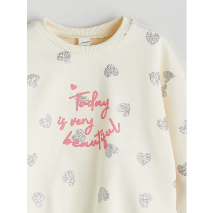LCW Kids Ekru Bisiklet Yaka Kalp Baskılı Kız Çocuk Sweatshirt