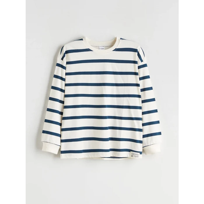LCW Kids Lacivert Bisiklet Yaka Çizgili Erkek Çocuk Tişört