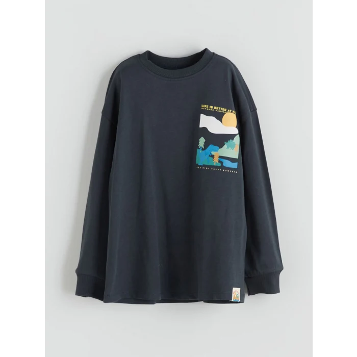 LCW Kids Antrasit Bisiklet Yaka Baskılı Uzun Kollu Erkek Çocuk Tişört