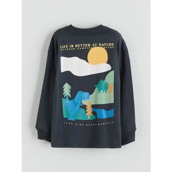 LCW Kids Antrasit Bisiklet Yaka Baskılı Uzun Kollu Erkek Çocuk Tişört