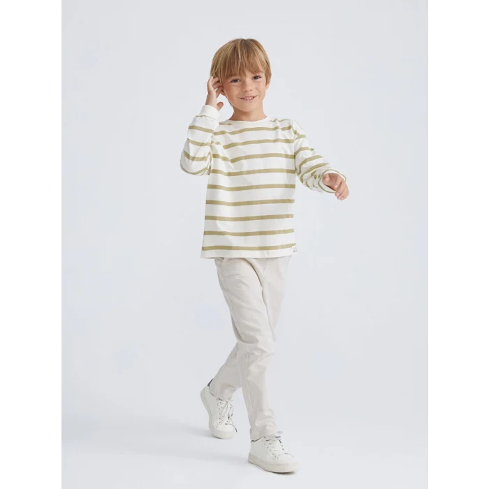 LCW Kids Bej Bisiklet Yaka Çizgili Erkek Çocuk Tişört