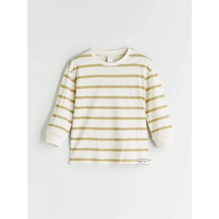 LCW Kids Bej Bisiklet Yaka Çizgili Erkek Çocuk Tişört