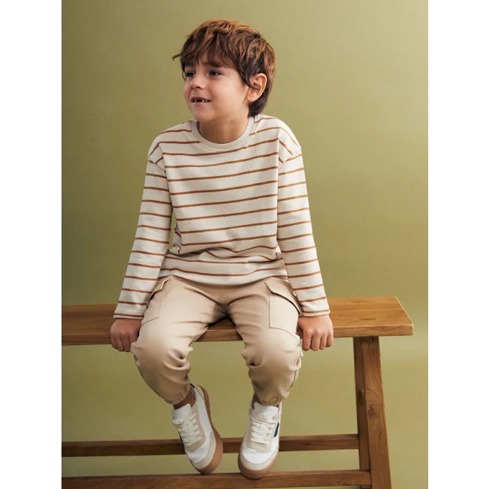 LCW Kids Gri Bisiklet Yaka Çizgili Erkek Çocuk Tişört