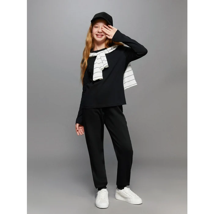 LCW Kids Siyah Bisiklet Yaka Kız Çocuk Tişört